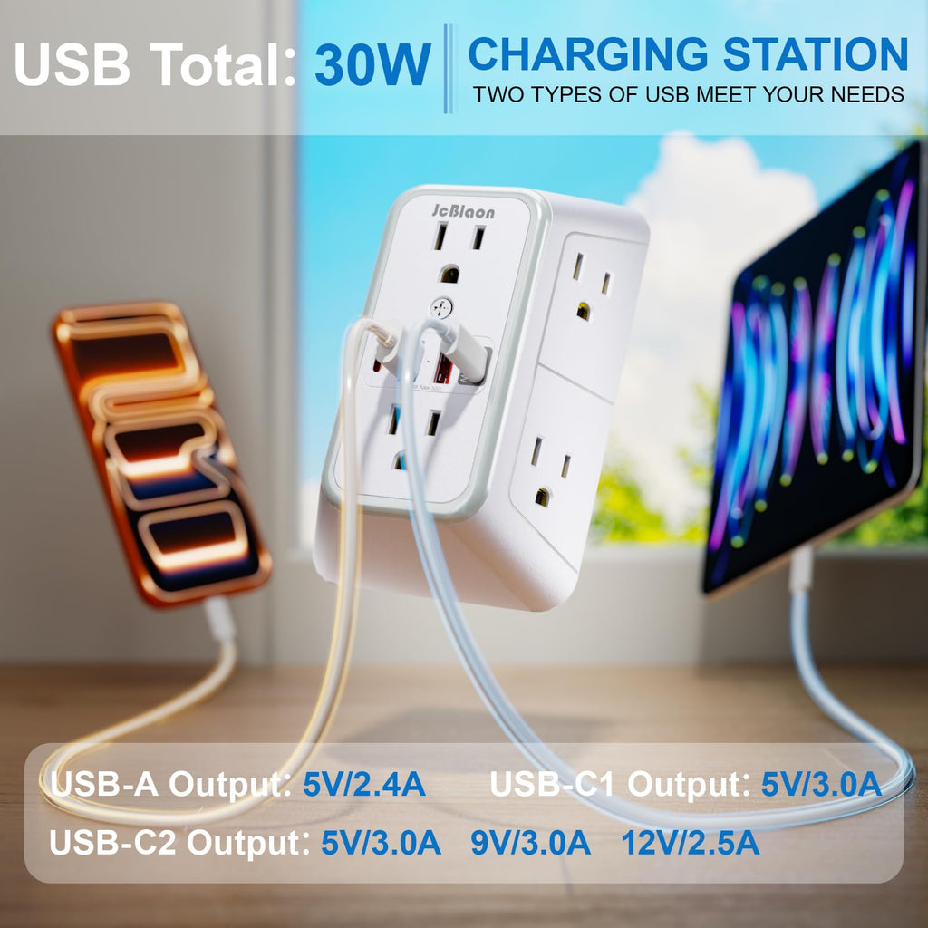 3 Pack Surge Protector Outlet Extender, 6 Outlet Splitter with 4 USB Ports (2 USB C), Multi Plug Wall Outlet 1050J Power Strip, USB Wall Charger for Home Office Kitchen Travel-ETL