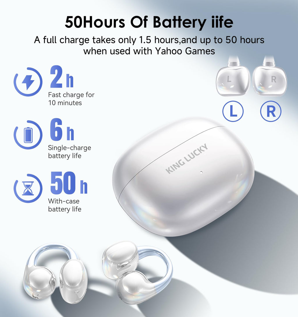 Kinglucky Clip-On Earbuds Gen 3, Open-Ear Wireless Bluetooth 6.0 Headphones with Mic, Secure Fit for Small Ears & Glasses Wearers, 50H Playtime, LED Digital Display, ENC, IPX5 Waterproof(Balck)