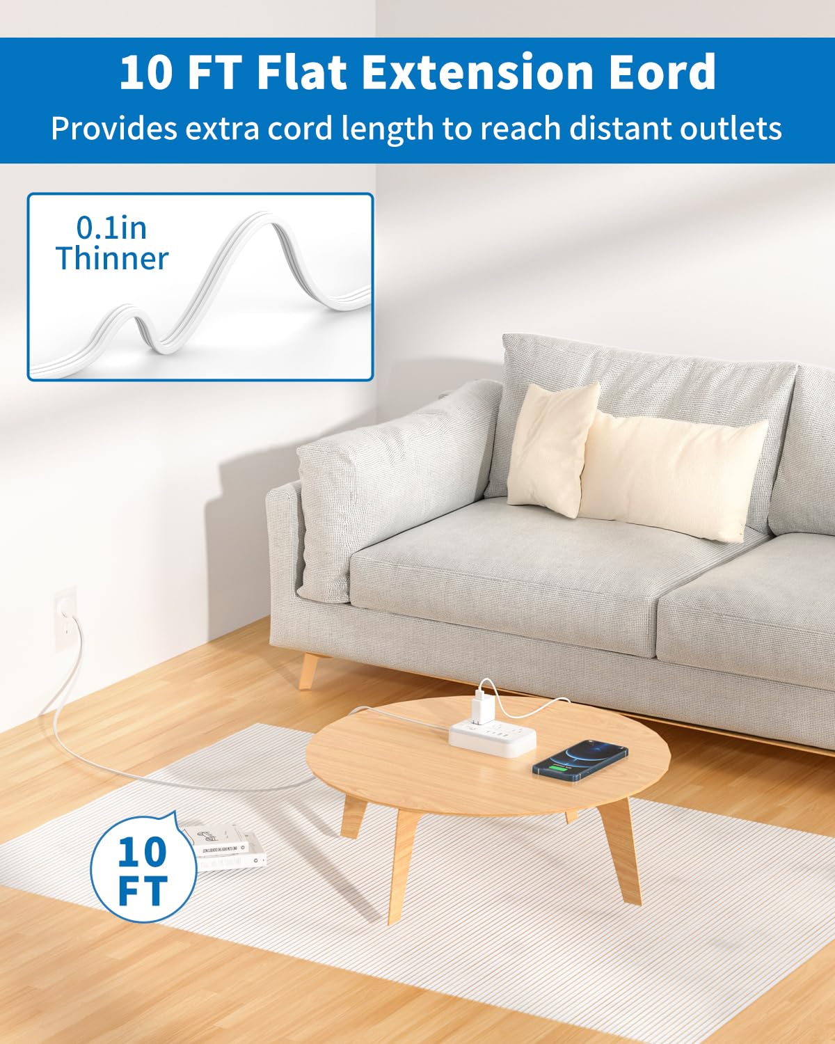 Flat Extension Cord 15 ft, NTONPOWER Surge Protector Power Strip with 6 Widely Outlets 4 USB Ports(2 USB C), Flat Plug, Wall Mounted, Side Outlet Extender for Indoor, Home Office, Dorm Room Essentials