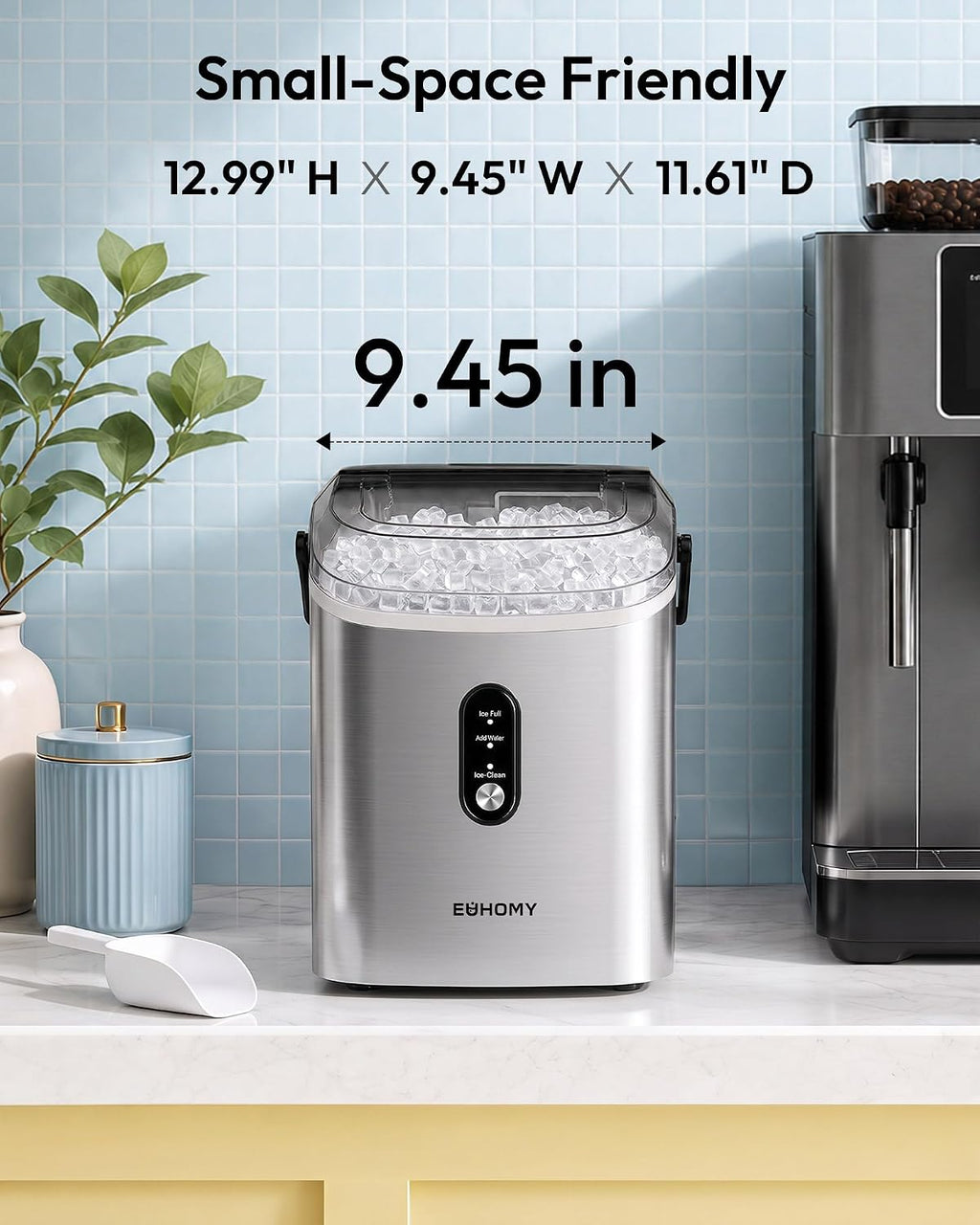EUHOMY Nugget Ice Maker Countertop with Handle, Ready in 6 Mins, 34lbs Per Day, Removable Top Cover, Auto-Cleaning, Portable Sonic Ice Maker with Basket and Scoop, for Home/Party/RV/Camping (Black)