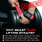 BEAST RAGE Weight Lifting Straps Fitness Padded Cotton Wrist Support Gel Advanced Grips Dumbbell Bar Wraps Heavy Duty Gym Bodybuilding Straps Power Deadlift Barbells Non Slip Exercise