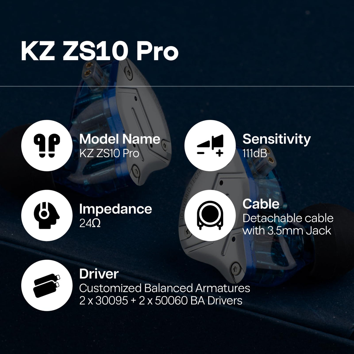 Linsoul KZ ZS10 Pro, 4BA+1DD 5 Driver in Ear Monitor, HiFi Wired Earbuds, Gaming Earbuds, Hybrid IEM Earphones with Stainless Steel Faceplate, Detachable Cable for Musician(with Mic, Dark Black)