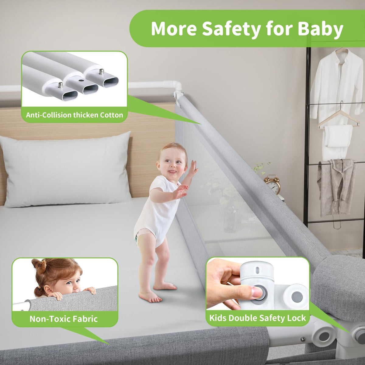 3-Piece Queen Size Bed Rail for Toddlers - Adjustable Baby Bed Rail Guard, Kids Safety Bed Rail for Queen Size Bed (78.7"x78.7"x60"-Grey)