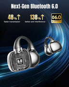 Kinglucky Clip-On Earbuds Gen 3, Open-Ear Wireless Bluetooth 6.0 Headphones with Mic, Secure Fit for Small Ears & Glasses Wearers, 50H Playtime, LED Digital Display, ENC, IPX5 Waterproof(Balck)