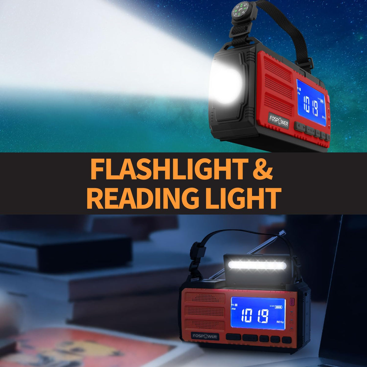 FosPower NOAA Emergency Weather Radio A1 7400mWh Solar Hand Crank (Orange)