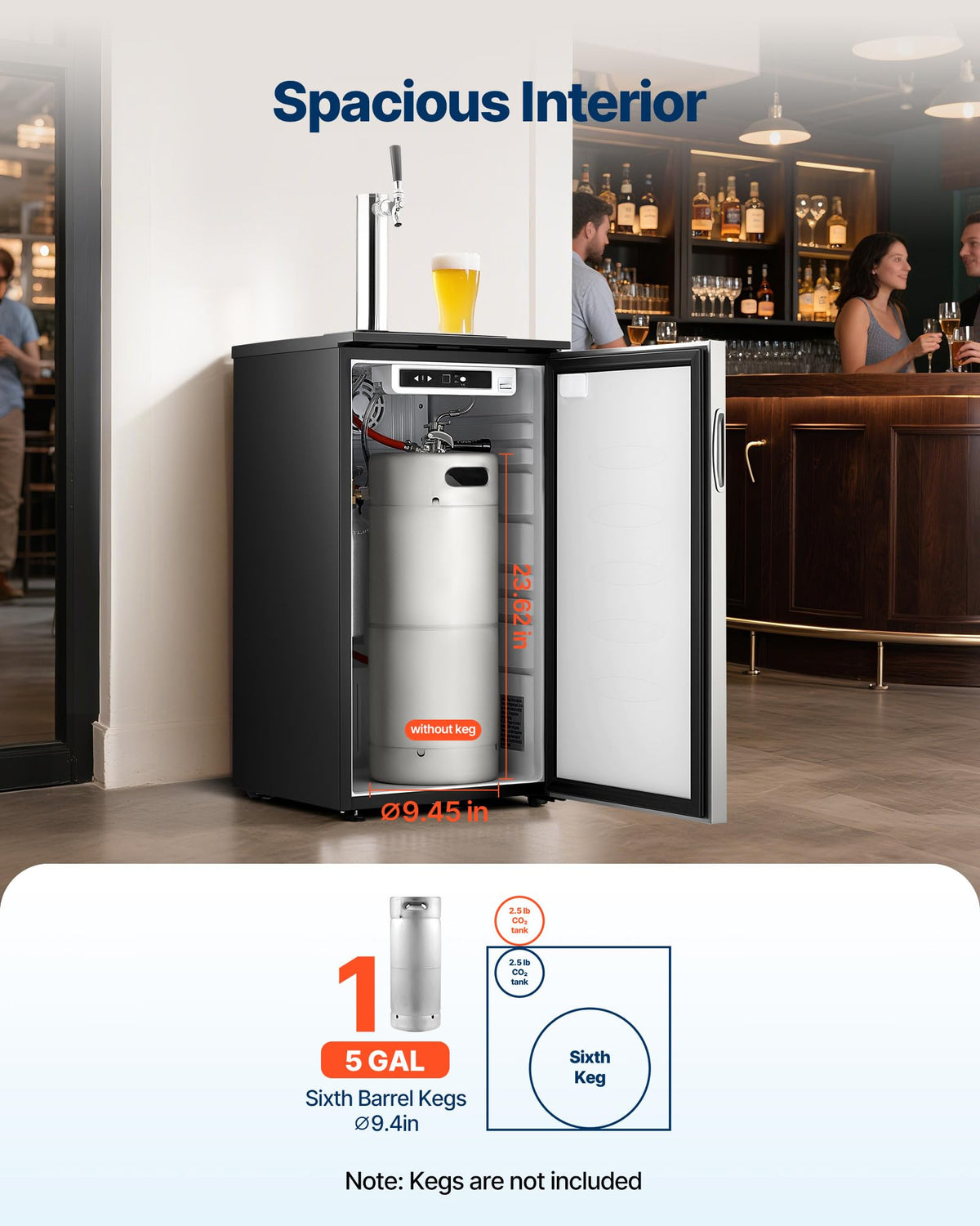 VEVOR Beer Kegerator, Single Tap Commercial Draft Beer Dispenser for D system, Full Size Keg Refrigerator with 5lbs CO2 Tank, Hold 2 Sixth / 2 Ball lock keg, Black