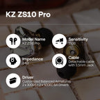 Linsoul KZ ZS10 Pro, 4BA+1DD 5 Driver in Ear Monitor, HiFi Wired Earbuds, Gaming Earbuds, Hybrid IEM Earphones with Stainless Steel Faceplate, Detachable Cable for Musician(with Mic, Dark Black)