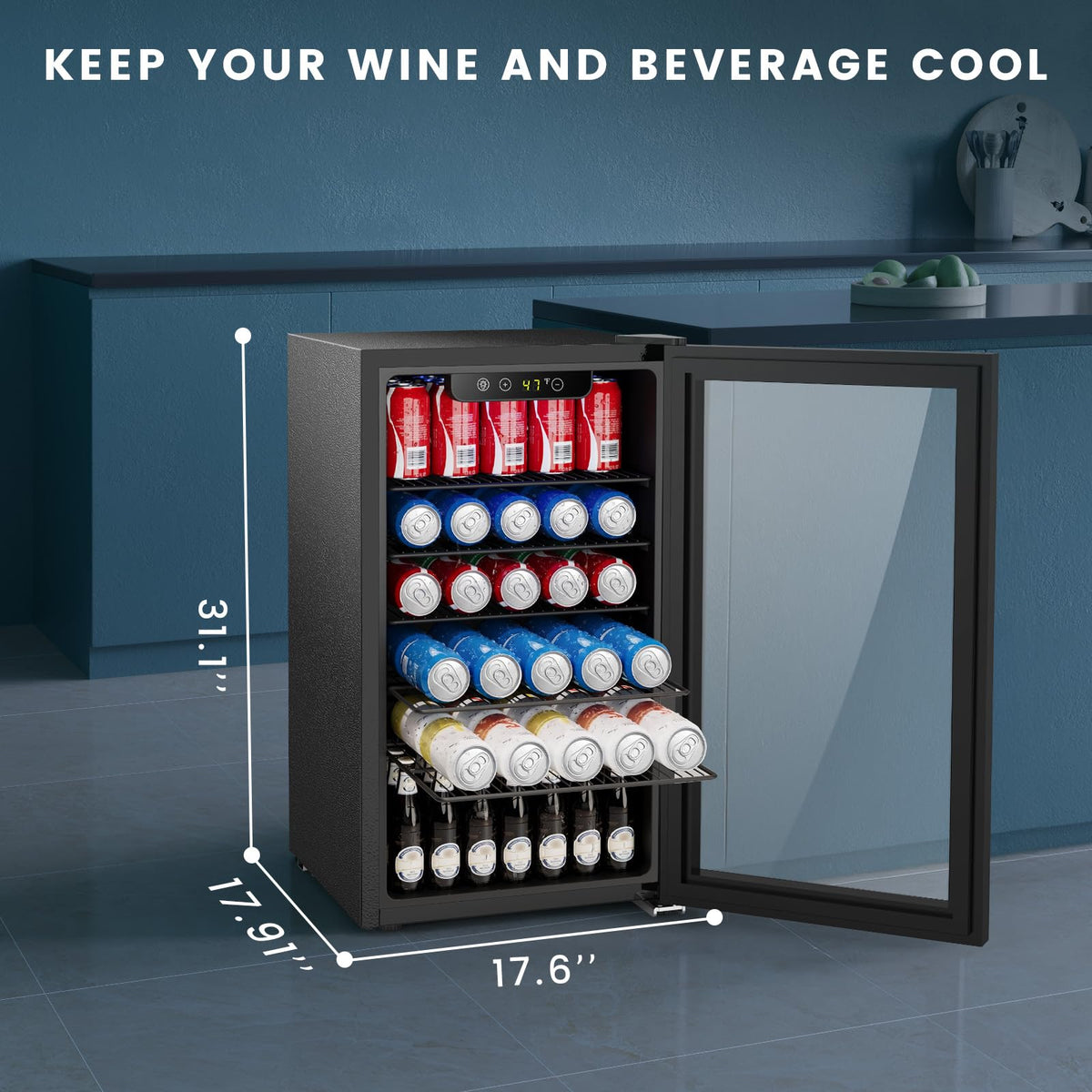 Electactic 48 Can Beverage Refrigerator,12 Bottle Wine Cooler with Seamless Stainless Steel & Glass Door, Digital Temperature Display, Countertop Mini Fridge for Soda, Wine or Beer, Silver