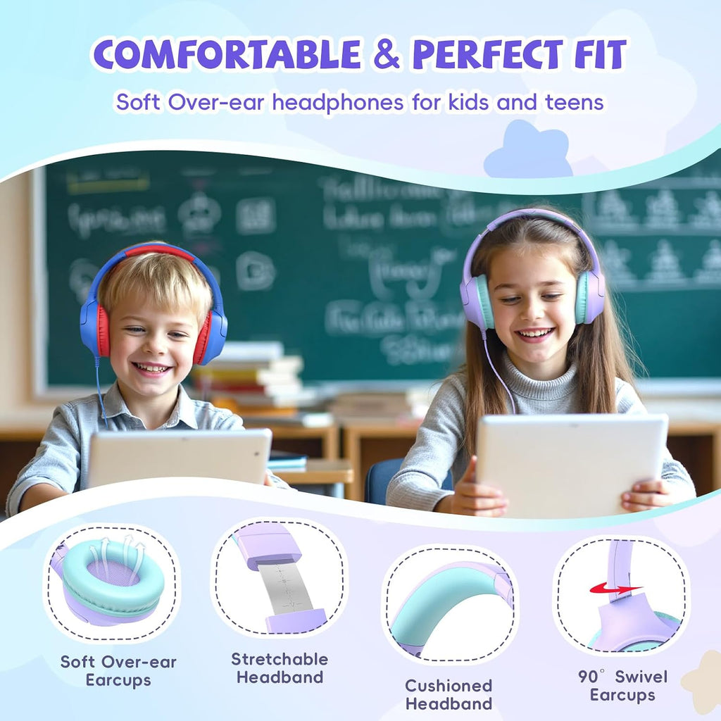 Botesty Sound Kids Headphones Wired for School, 3.5 Plug Safe Volume Purple