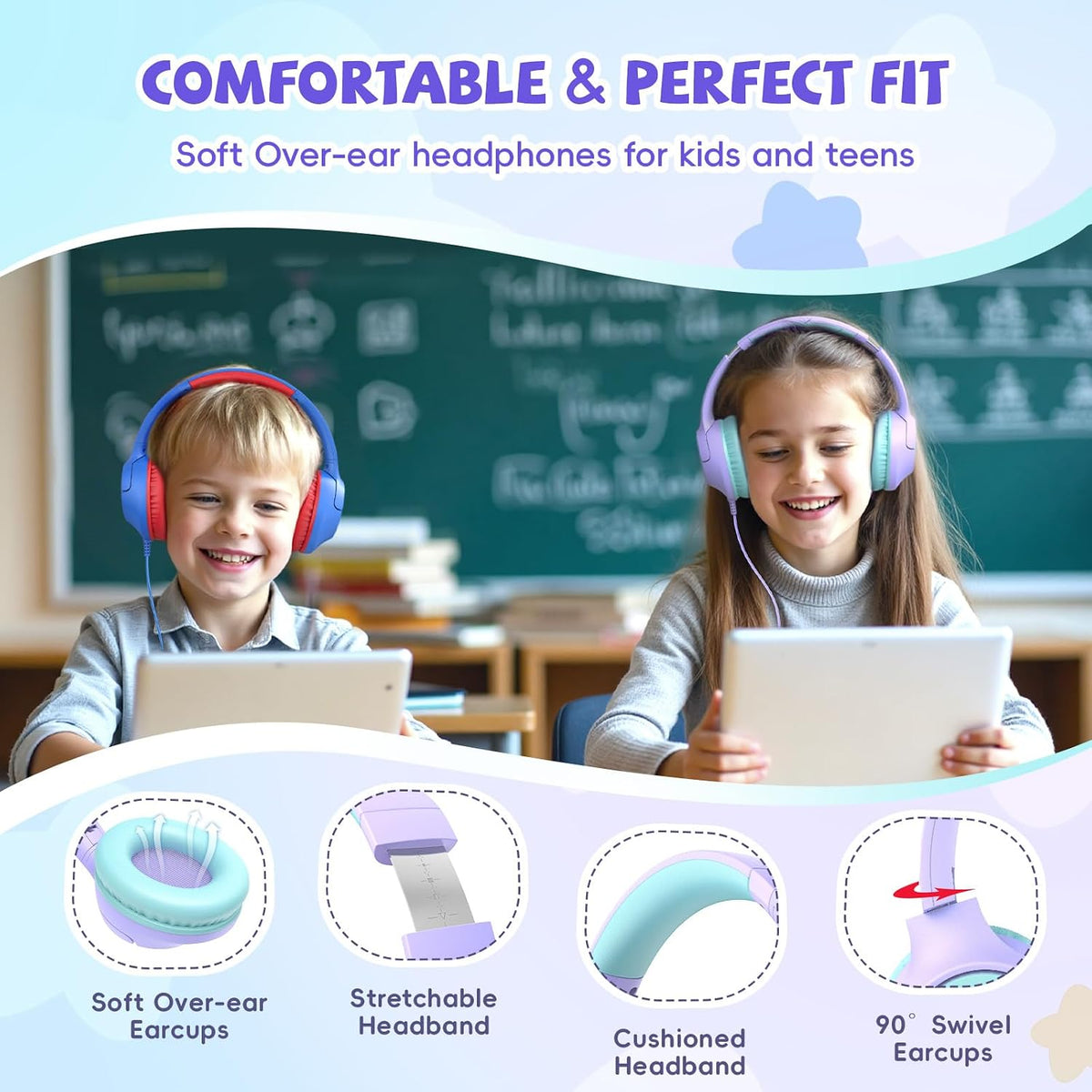 Botesty Sound Kids Headphones Wired for School, 3.5 Plug Safe Volume Purple