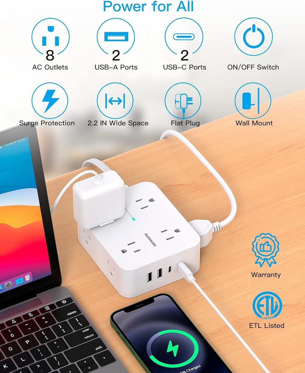 Extension Cord 10 Ft, Ultra Thin Flat Plug Power Strip Surge Protector