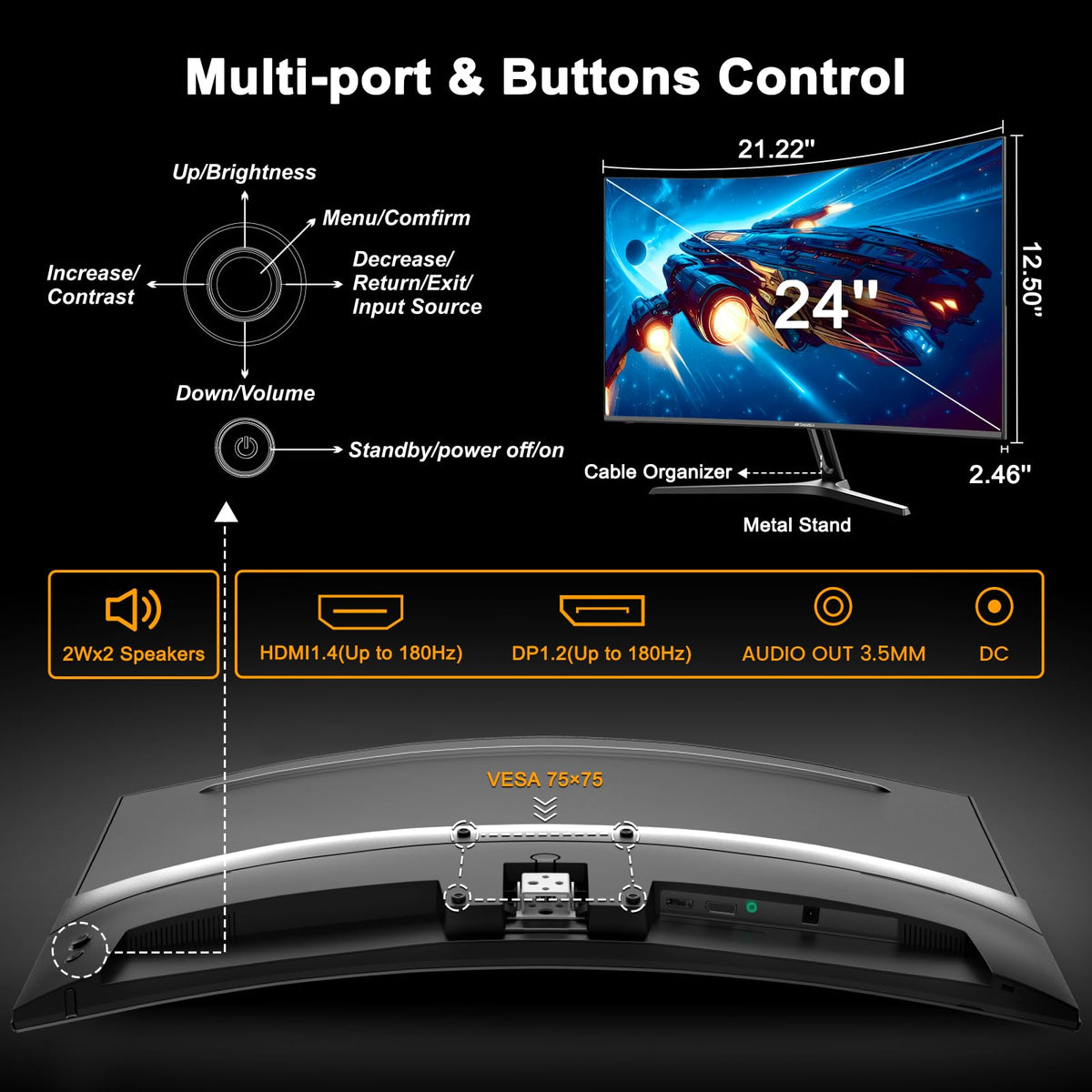 SANSUI 24 Inch Gaming Monitor 200Hz 1Ms FreeSync HDR 110% sRGB FHD 1080P Computer Monitor HDMI DP Ports Eye Care Frameless VESA Mount Cable Management(ES-G24F4L HDMI Cable Included)