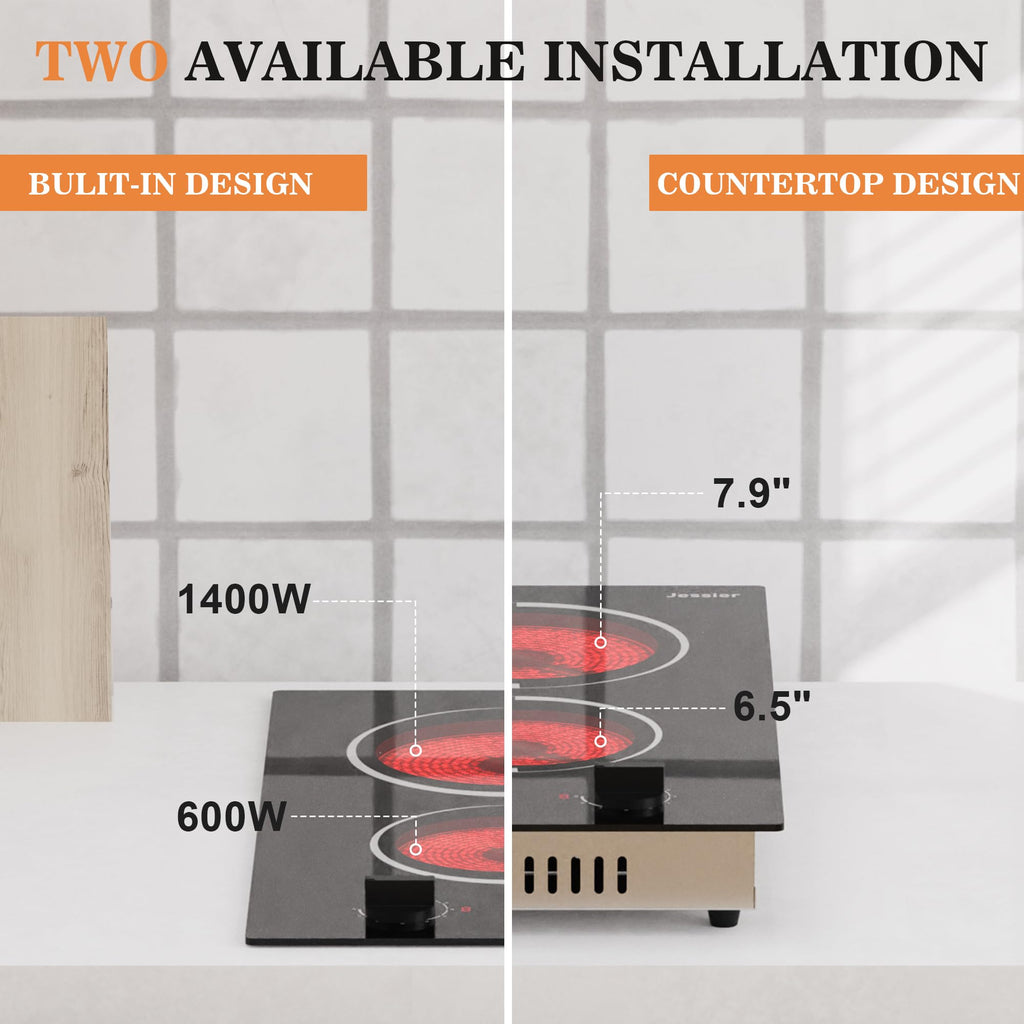 2 Burner Electric Cooktop 110V 2000W Countertop or Built-in