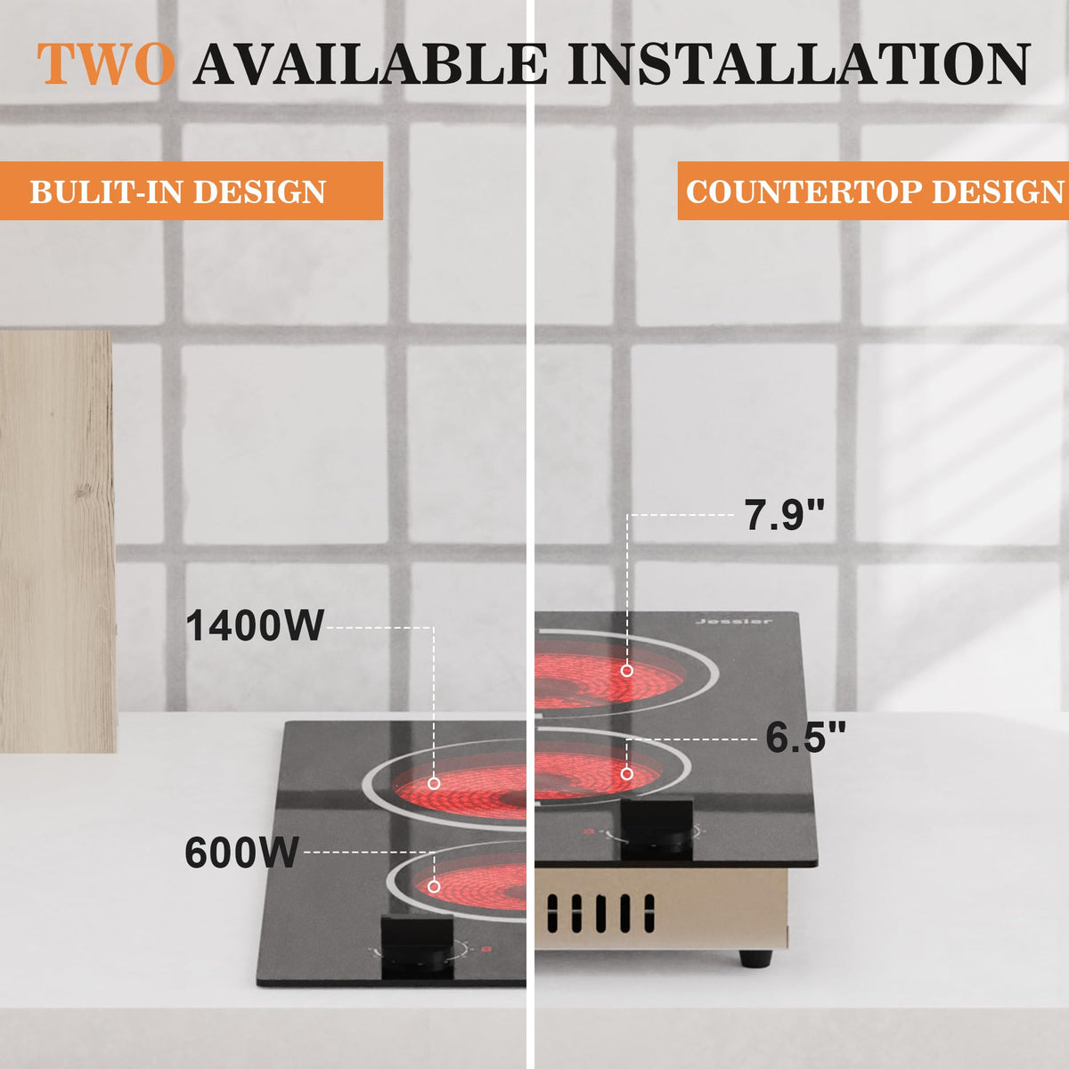 2 Burner Electric Cooktop 110V 2000W Countertop or Built-in