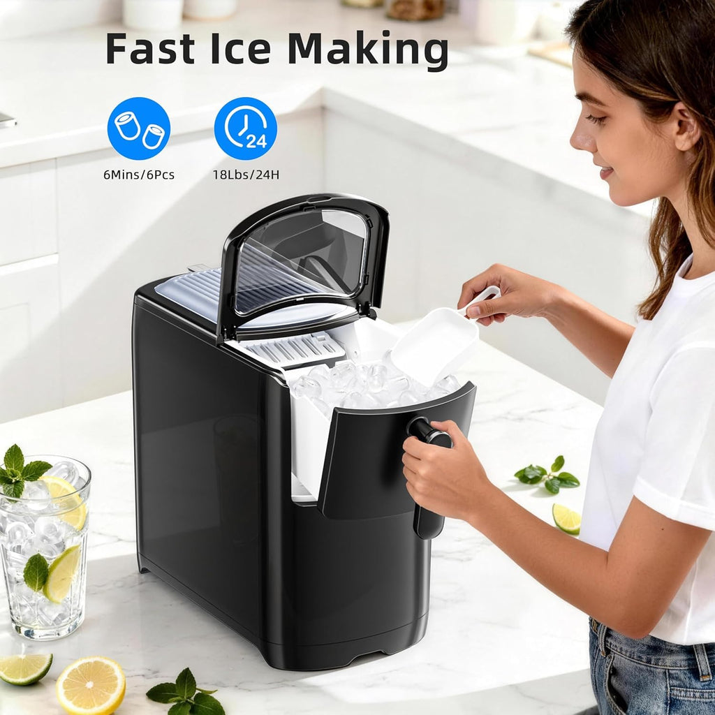 Antarctic Star Portable Ice Maker Countertop, 18Lbs/24H Self-Cleaning Ice Machine with One-Touch Operation & Ice Scoop Included, for Home Kitchen Office, Black