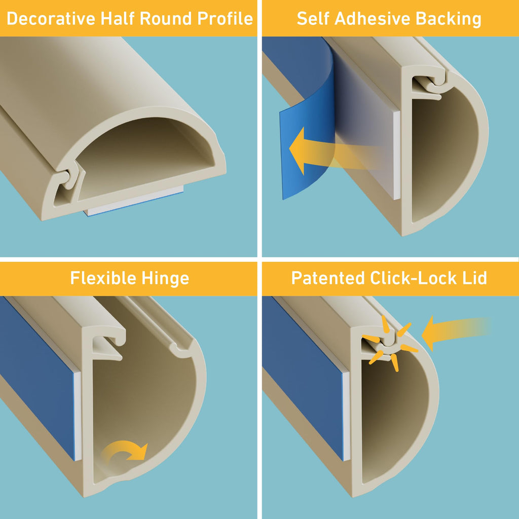 D-Line 157in Cord Cover Kit, Self-Adhesive Wire Hiders, Paintable Cable Raceway to Hide Wires on Wall, Electrical Cable Management - 10x 15.7 Lengths & 19 Accessories - 1.18" (W) x 0.59" (H) - Beige