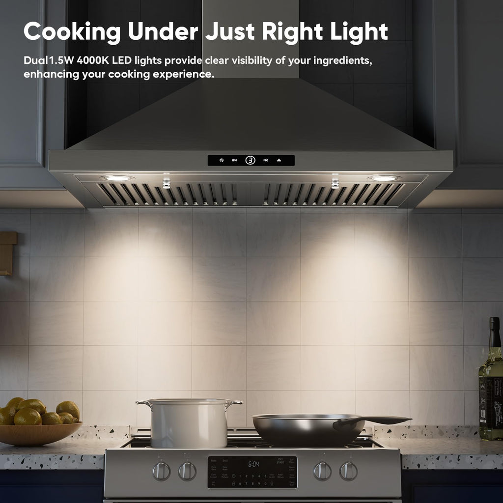 VIKIO HOME 36 Inch Wall Mount Range Hood 580CFM Low Noise Touch Control