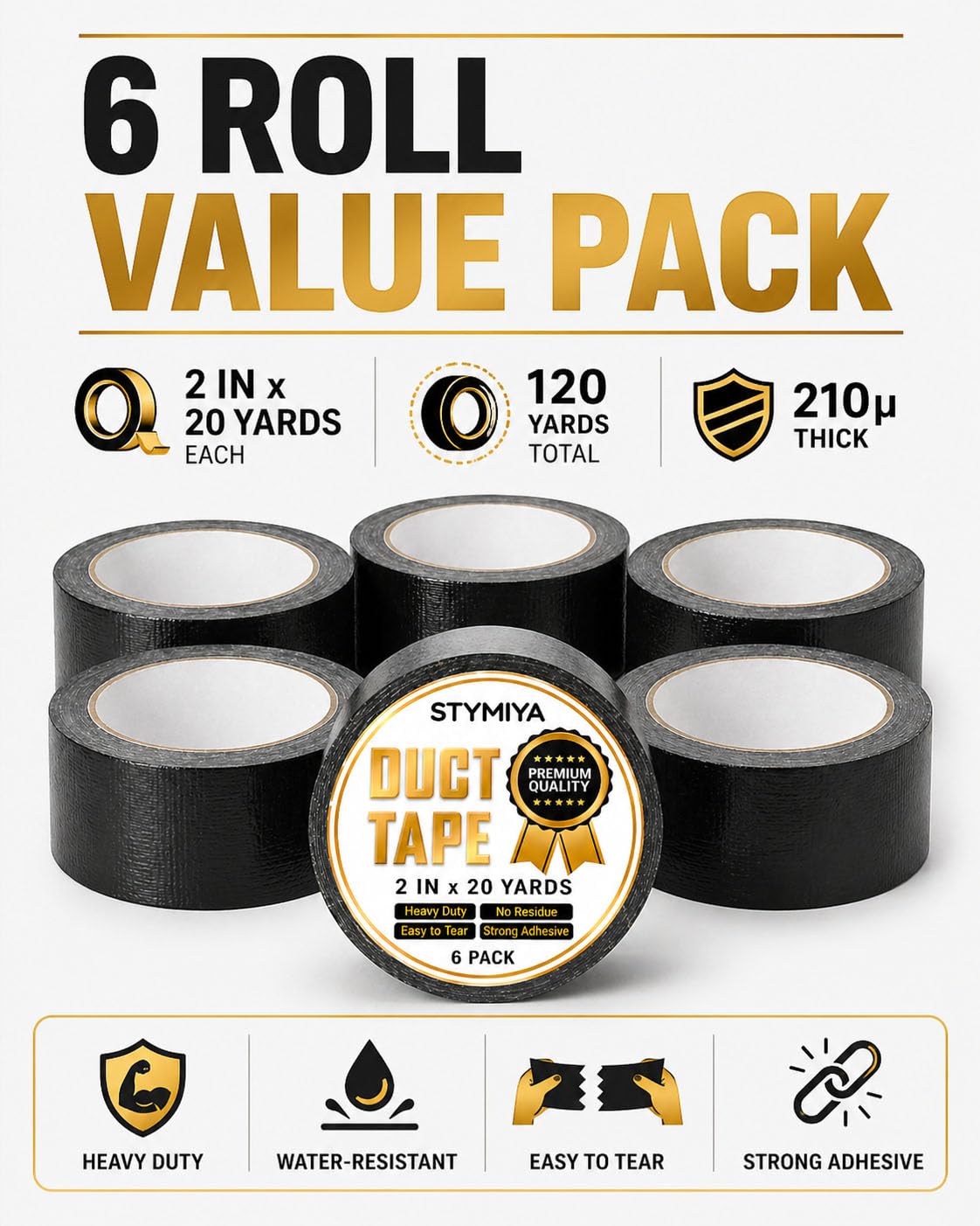Black Duct Tape Heavy Duty: 3 Rolls 2inch x 20yd Wide Waterproof Outdoor - Strong Adhesive Weather Tapes Repair Bulk - Ductape for Patterns Masking Packing Furniture Kids Craft (3, Matte Black)