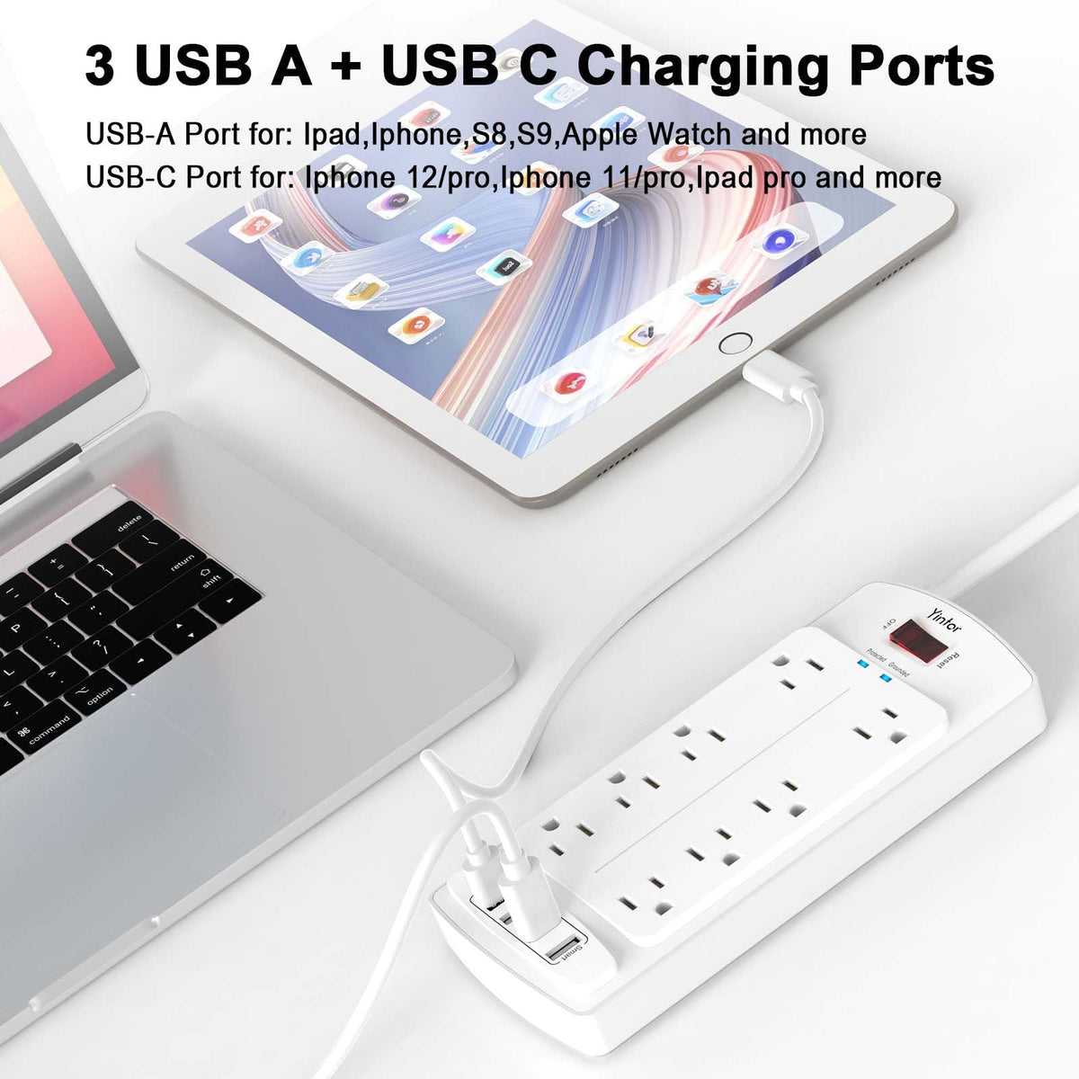 Yintar 6Ft Surge Protector Power Strip with 8 Outlets and 4 USB Ports