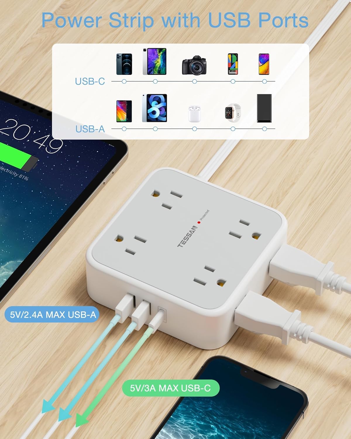 TESSAN Surge Protector Power Strip with 900J Surge Protection, 5 Ft, Grey