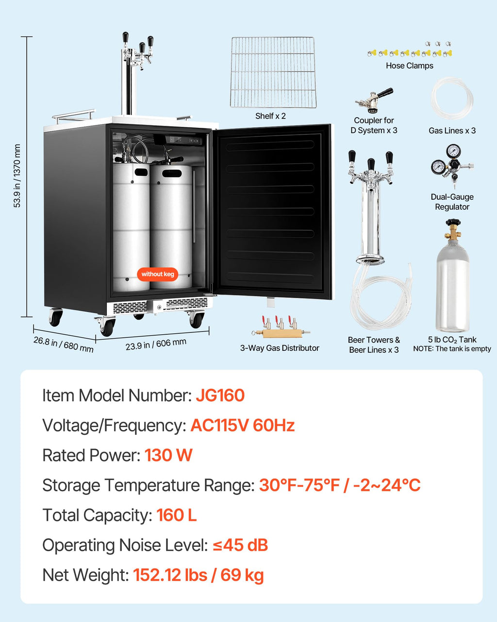 VEVOR Beer Kegerator, Single Tap Commercial Draft Beer Dispenser for D system, Full Size Keg Refrigerator with 5lbs CO2 Tank, Hold 2 Sixth / 2 Ball lock keg, Black