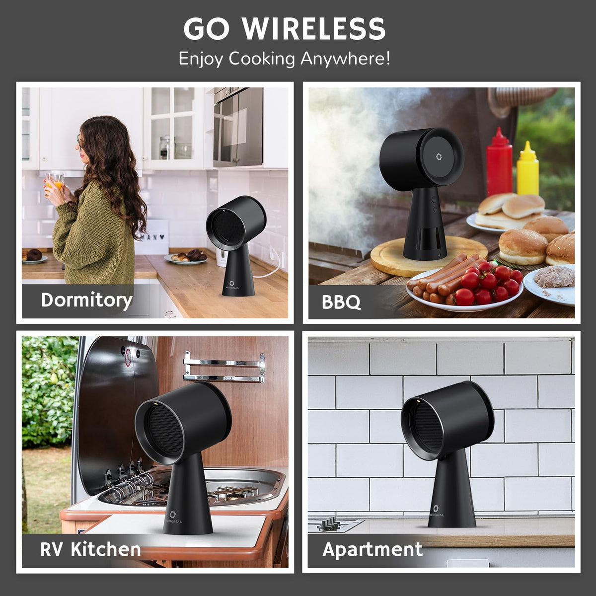 AIRTHEREAL Portable Range Hood with Rechargeable Battery, 3-Speed Suction