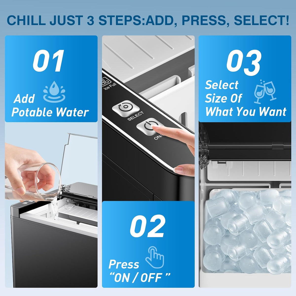 Countertop Ice Makers Machine, Portable Ice Machine Producing 9 Ice Cubes Within 6 Mins, Bullet Ice Available in Two Sizes(S/L), Compact Mini Ice Maker Appliance for Home Kitchen Camping （Ebony）