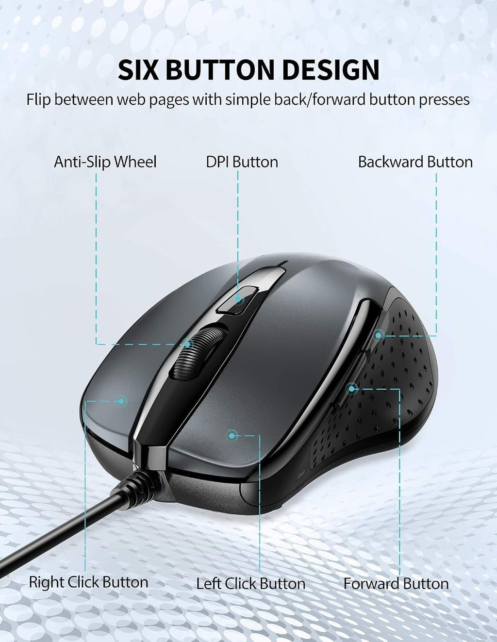 TECKNET USB Wired Mouse,6400 DPI Optical,6-Button Ergonomic Computer Mouse