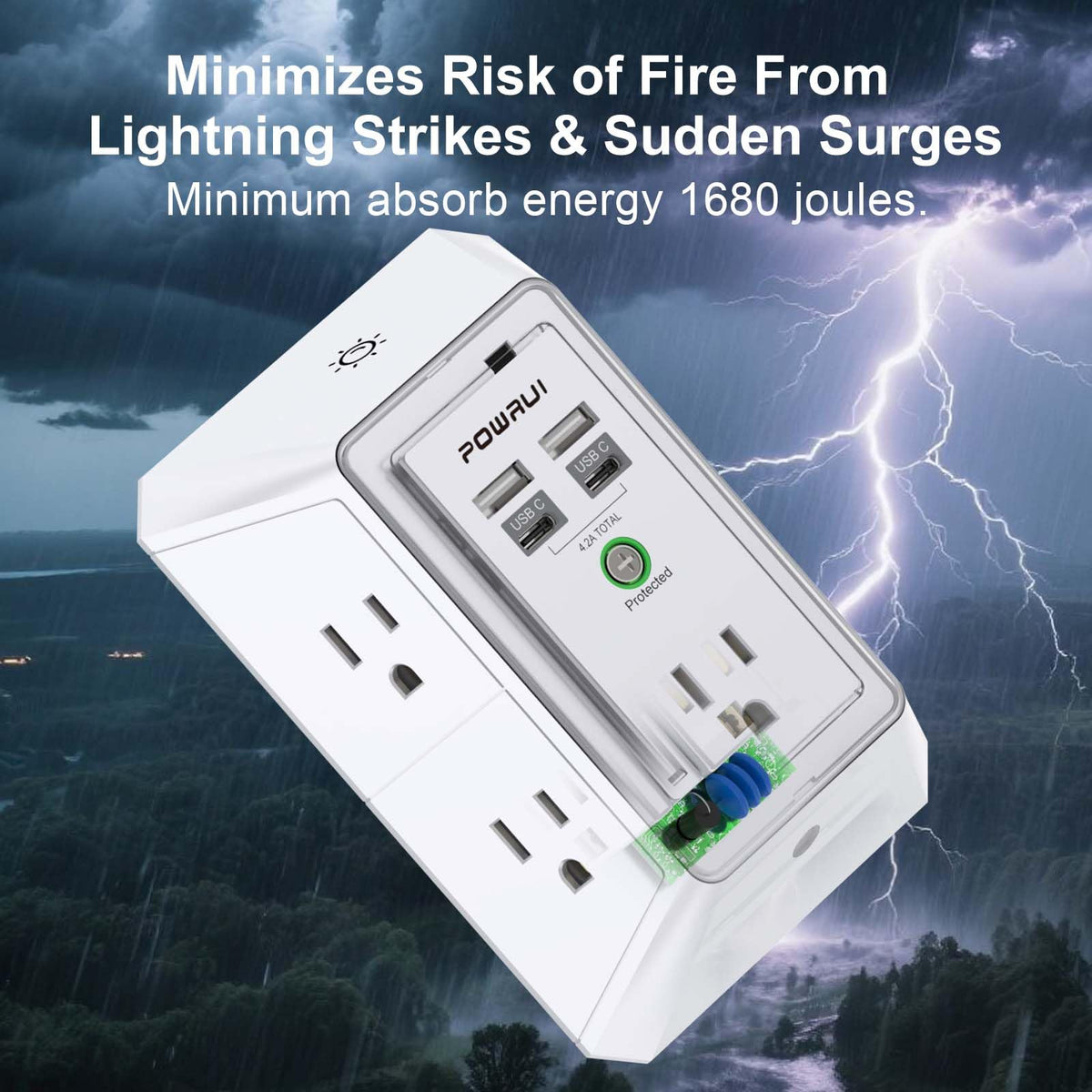 Multi Plug Wall Outlet Night Light, POWRUI 6 Outlet Extender & 3 USB Ports