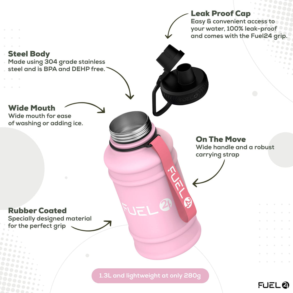 Fuel24 Stainless Steel Jug - 1.3 or 2.2 Litre Water Bottle - Extra Strong, BPA Free, Leak Proof - Large Gym Sports Bottle, 1.3L, 2.2L, Metal Bottle - Colour Options
