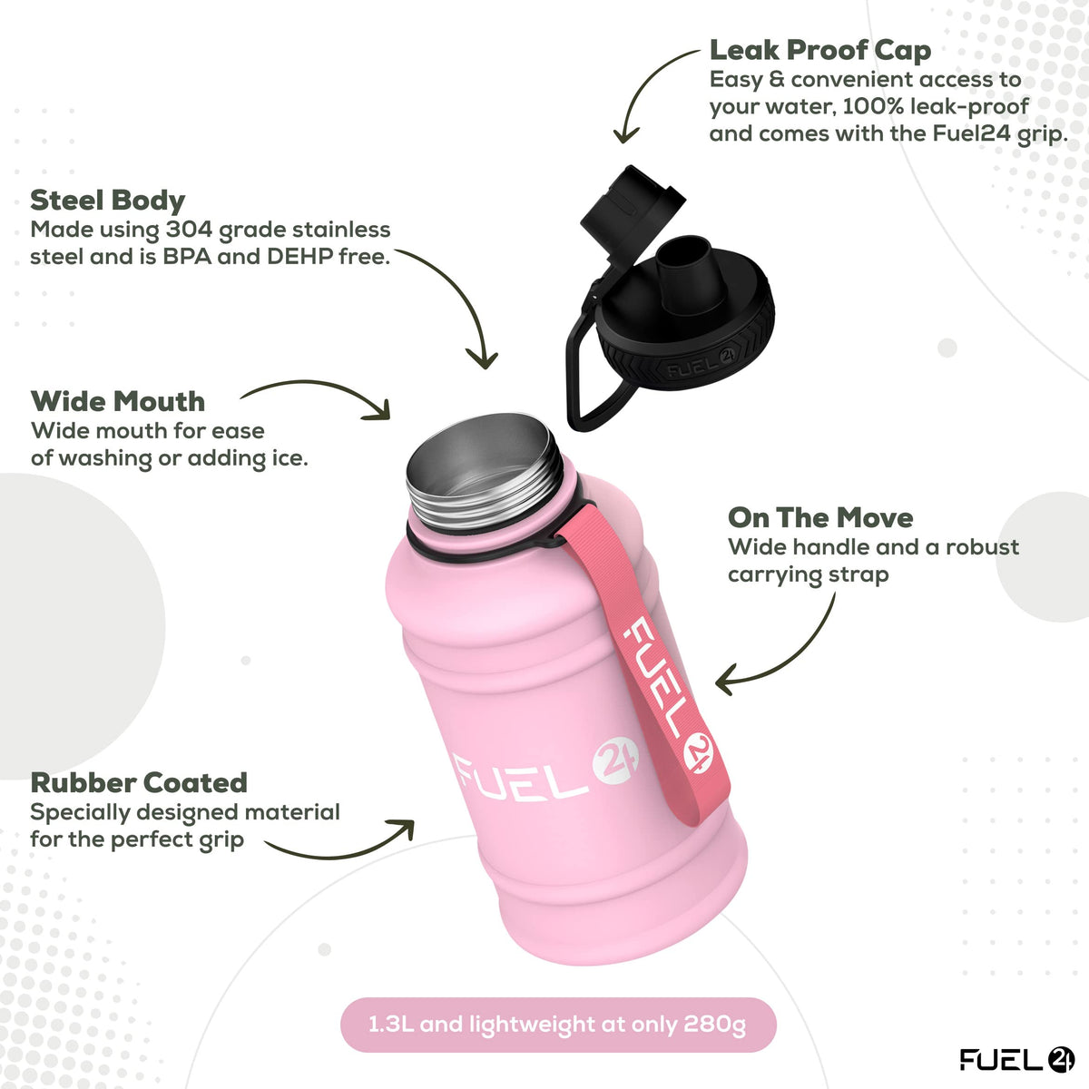 Fuel24 Stainless Steel Jug - 1.3 or 2.2 Litre Water Bottle - Extra Strong, BPA Free, Leak Proof - Large Gym Sports Bottle, 1.3L, 2.2L, Metal Bottle - Colour Options