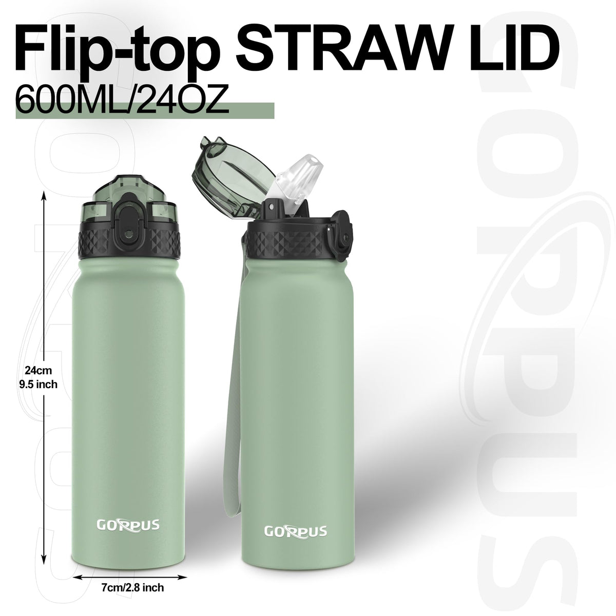GOPPUS 600ml/20oz Stainless Water Bottle with Straw Double Wall Insulated Bottles with Strap One Hand Open Vacuum Thermal Flask with Flip Top Lid Leakproof Keep Cold Drinks BPA Free