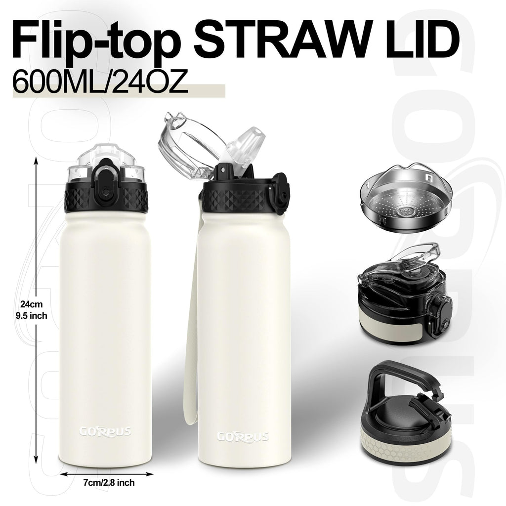 GOPPUS 600ml/20oz Stainless Water Bottle with Straw Double Wall Insulated Bottles with Strap One Hand Open Vacuum Thermal Flask with Flip Top Lid Leakproof Keep Cold Drinks BPA Free