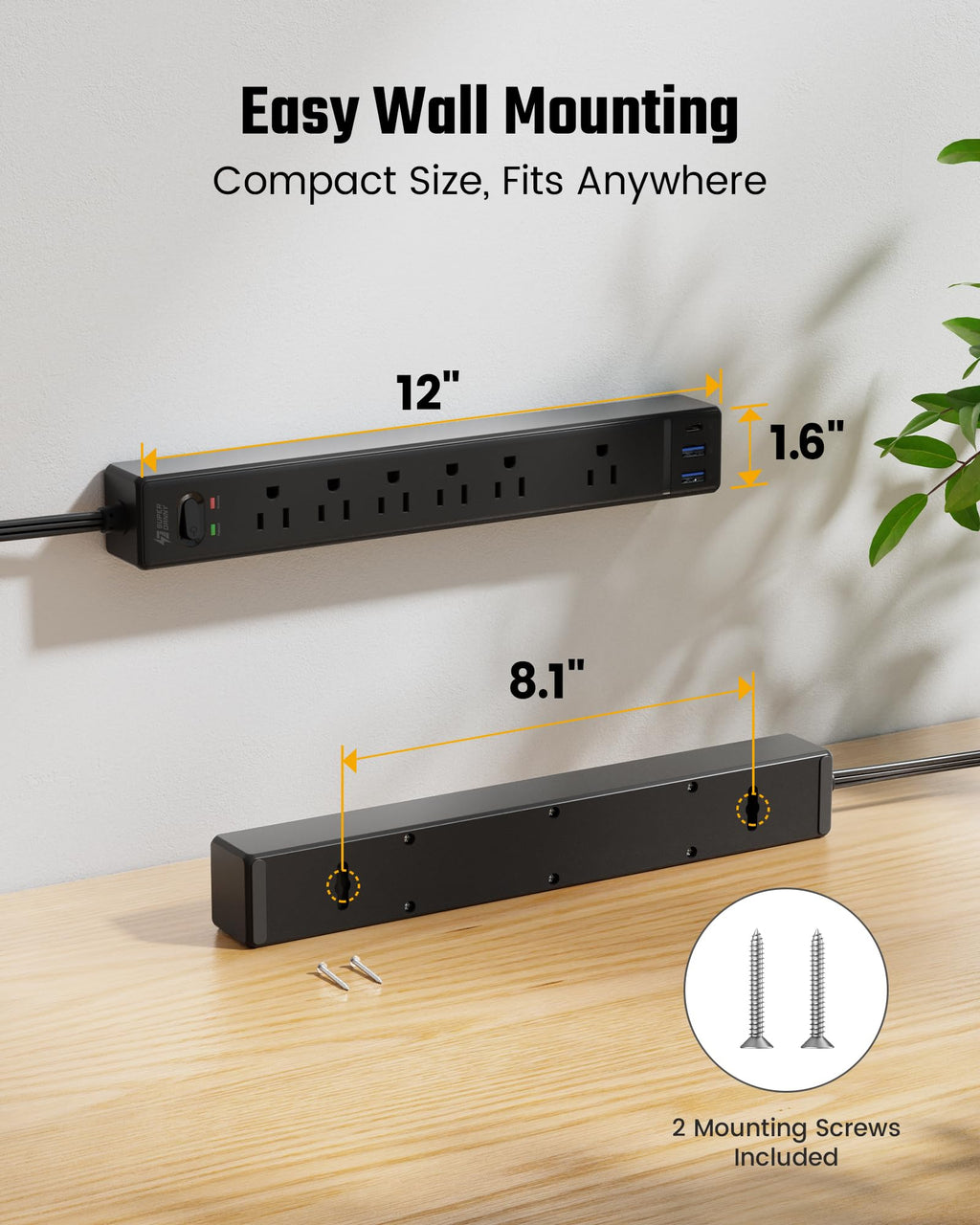 SUPERDANNY 6Ft Thin Extension Cord, Flat Plug Surge Protector Power Strip