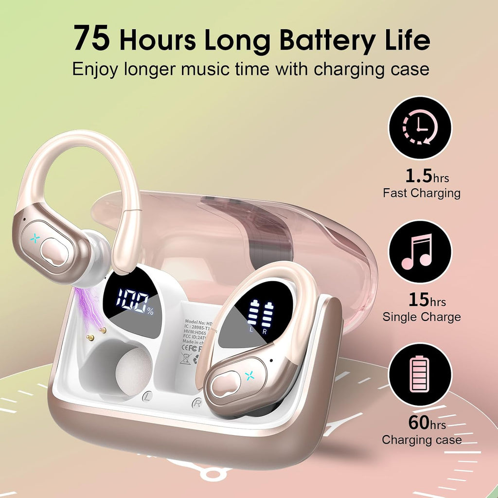 Aptkdoe Wireless Earbuds 75H Bluetooth 5.4 Sport Headphones with Earhooks
