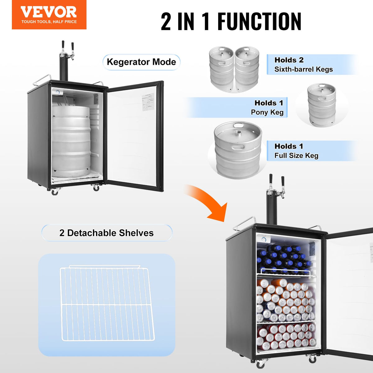 VEVOR Beer Kegerator, Single Tap Commercial Draft Beer Dispenser for D system, Full Size Keg Refrigerator with 5lbs CO2 Tank, Hold 2 Sixth / 2 Ball lock keg, Black