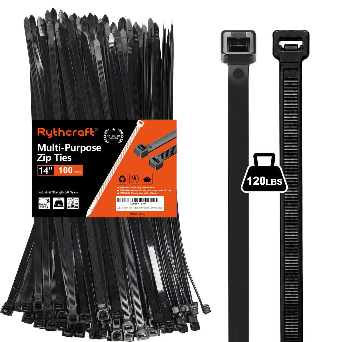 Rythcraft 12" Cable Zip Ties Heavy Duty, 200 LBS Test Tilted Tooth, 80 Pack