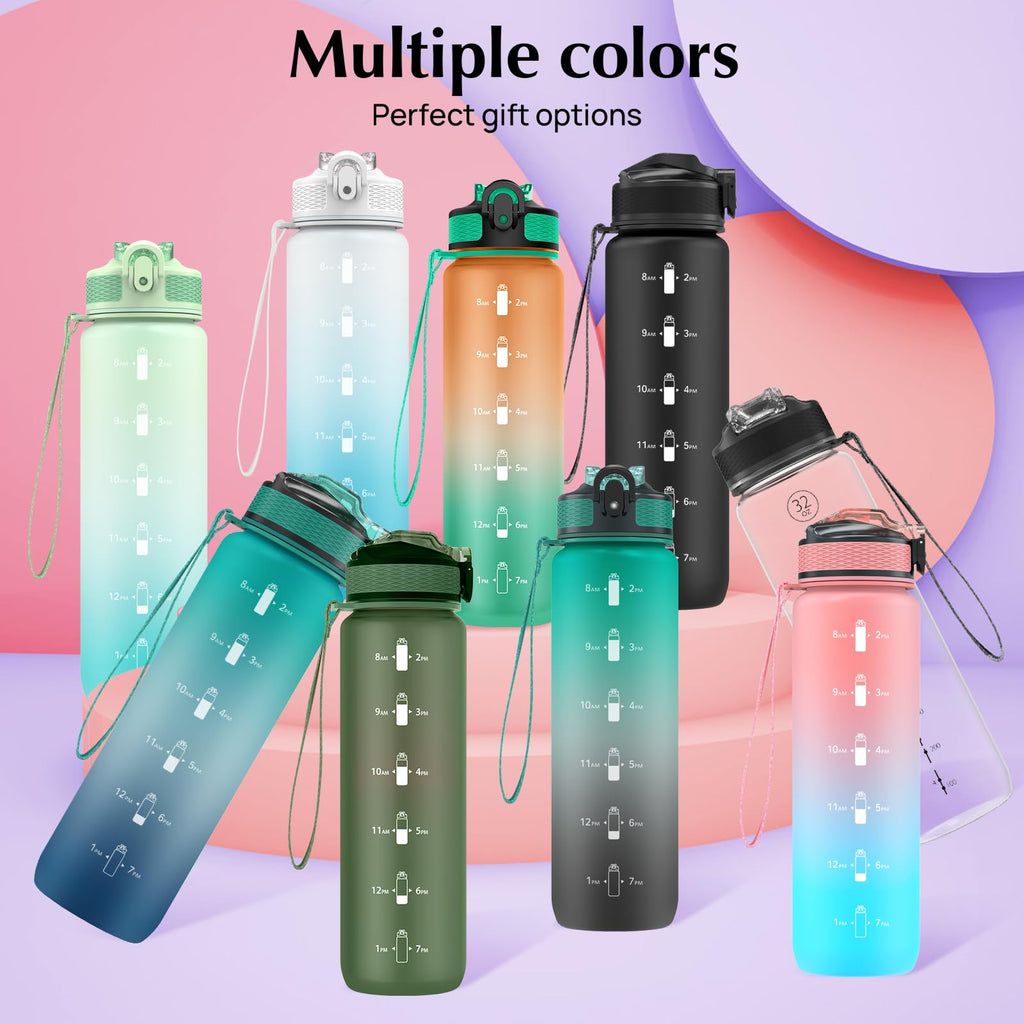 EYQ 1L Water Bottle, 1 Litre Water Bottle with Straw, 32oz Leak-Proof Motivational Sports Drinks Bottle with Time Marker, Tritan BPA-Free, Drinking Waterbottles for Gym Outdoor Sports