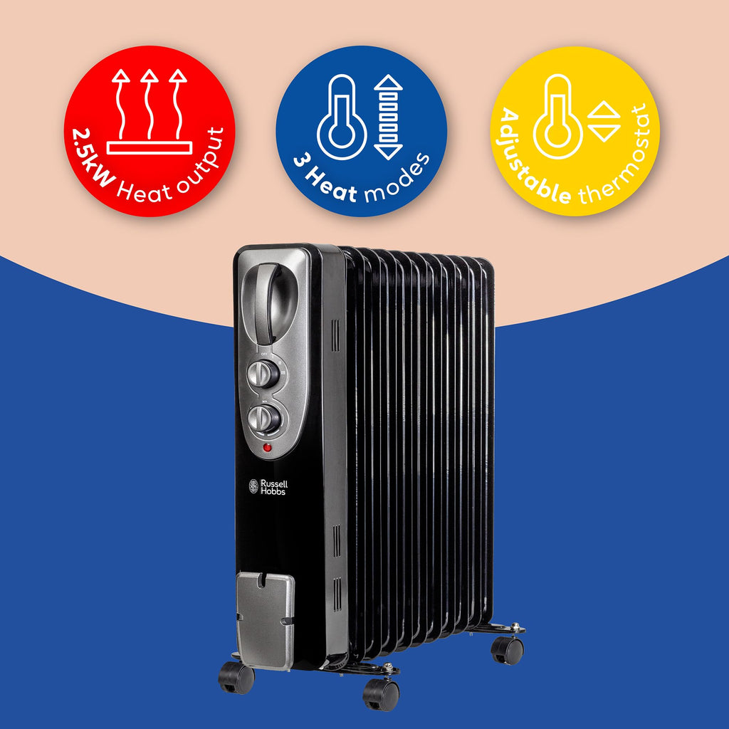 Russell Hobbs 2000W/2KW Oil Filled Radiator, 9 Fin Portable Electric Heater - White, Adjustable Thermostat with 3 Heat Settings, Safety Cut-off, 20 m sq Room Size, RHOFR5002, 2 Year Guarantee