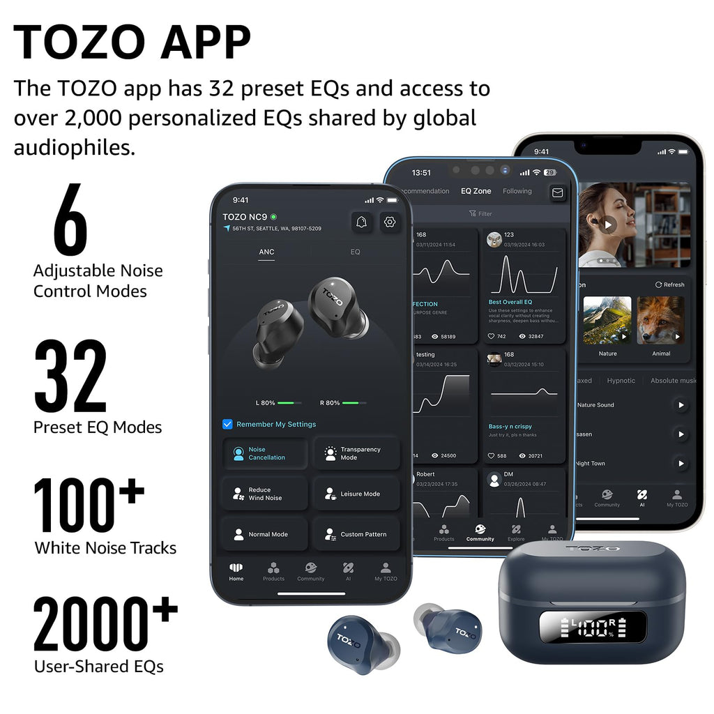 TOZO NC9 Hybrid Active Noise Cancelling Wireless Earbuds, 60H, LED Display