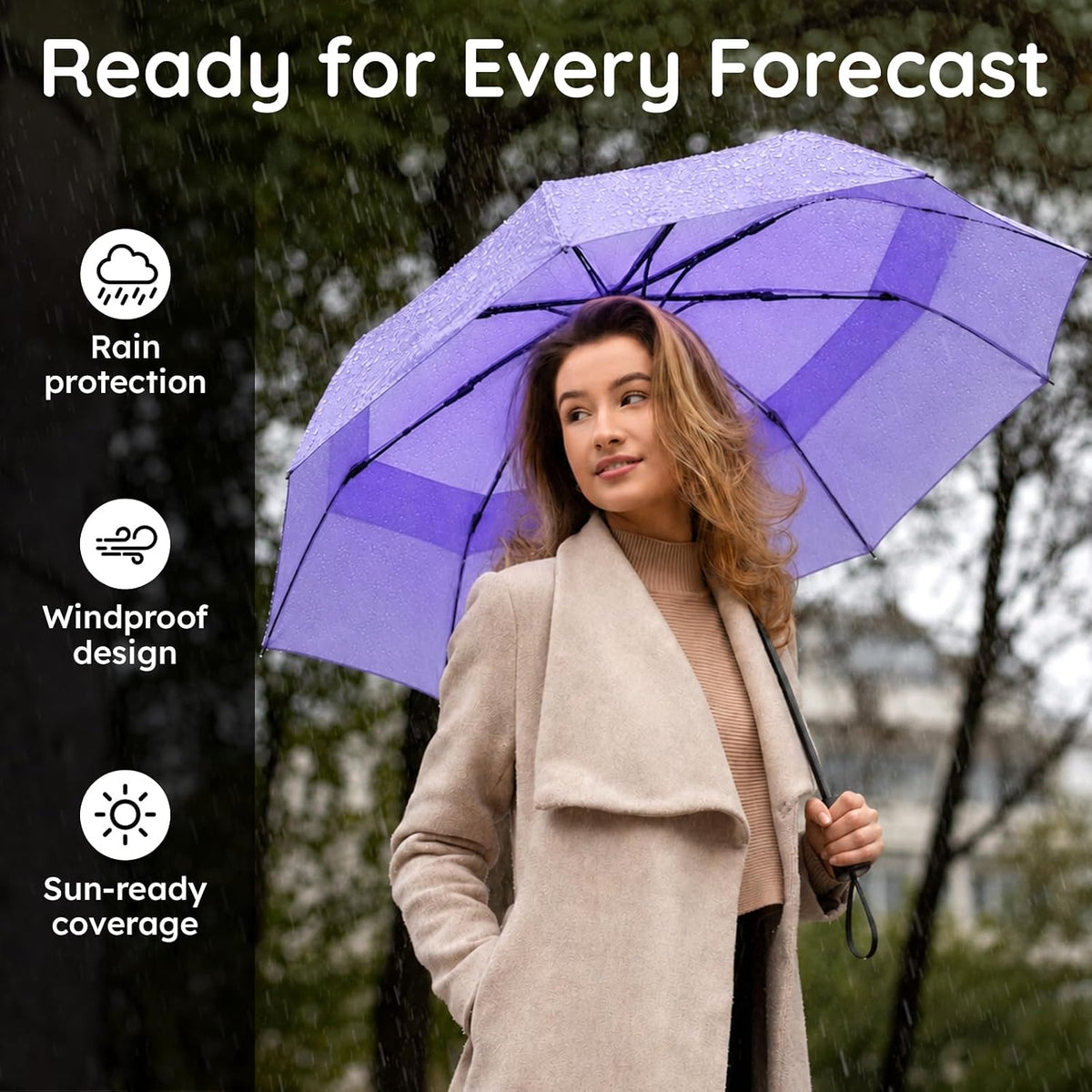 Compact Travel Umbrella, Windproof Automatic Folding with Fiberglass Ribs