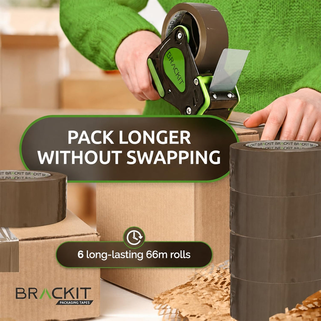 brackit Tape Gun Dispenser with 6 Brown Packing Tape Rolls 48mm x 66m