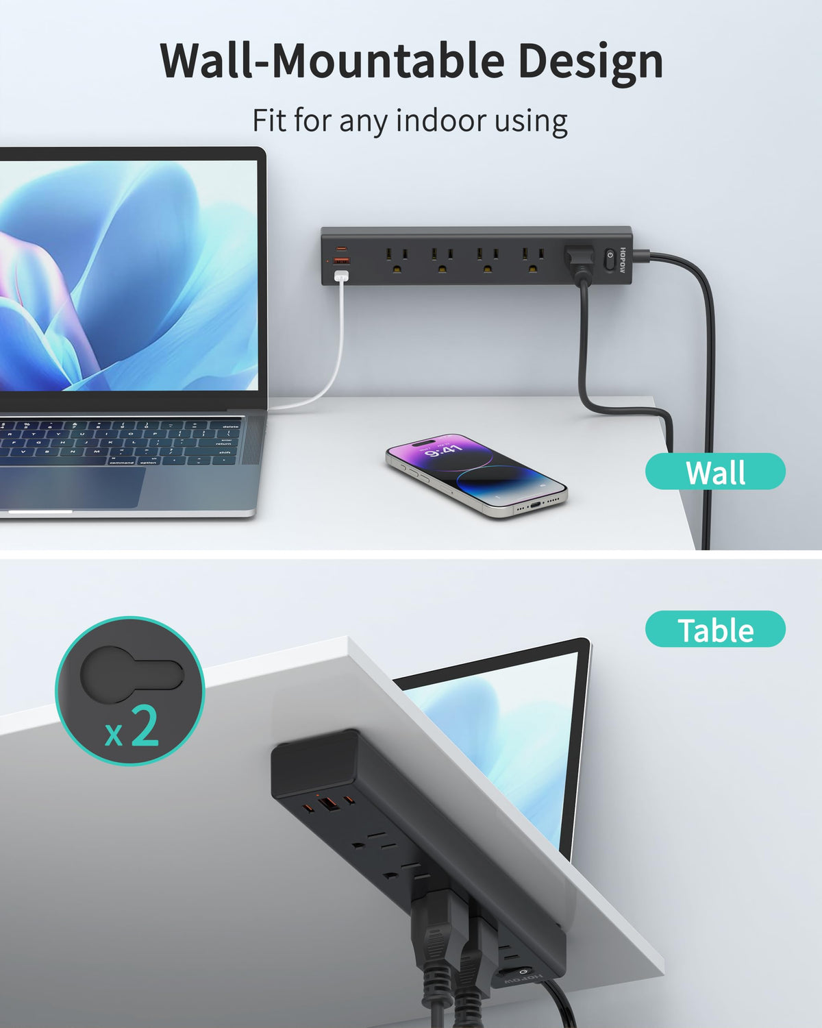 6FT Surge Protector Power Strip, 1700J, 5AC&1A2C, Flat Plug Extension Cord