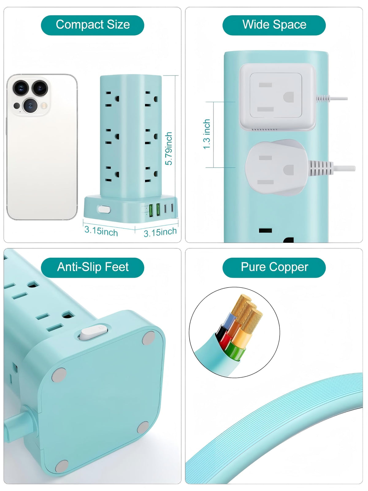 6FT Power Strip Tower with Wireless Charger,Surge Protector with 12 Outlets
