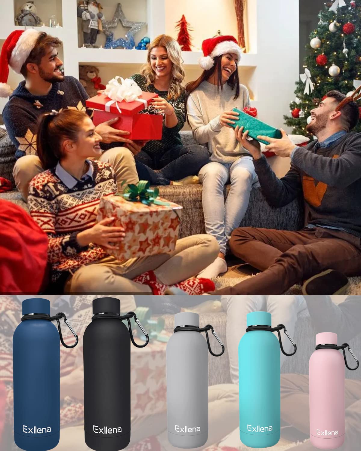 Exllena Insulated Black Water Bottles 750ml with Clip, Double Wall Vacuum Drinks Bottle Keeps Drinks Cold 24 Hrs/Hot 12 Hrs, Stainless Steel Water Bottle BPA Free