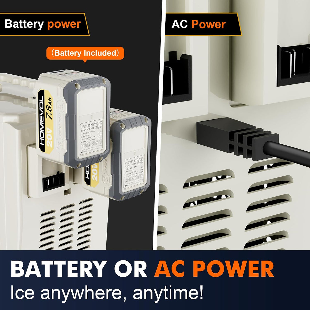 2 in 1 Cordless Countertop Ice Maker, Battery Powered Portable Countertop Ice Machine, 6-Minute Fast Ice Cubes with 2 Size, 40lbs Daily, 40dB Quiet, Self-Cleaning, 2 × 7.8Ah Battery, Stainless Steel