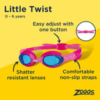 Zoggs Little Twist Kids Swimming goggles, UV Protection Swim Goggles, Adjustable Strap Children’s Goggles, Fog Free Tinted Swim Goggle Lenses, Zoggs Goggles Kids 0-6 years