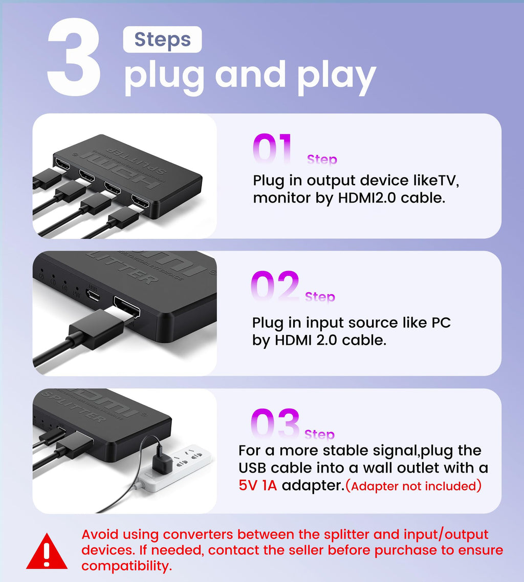 avedio links 4K@60Hz HDMI Splitter 1 in 2 out, Mirror Same Screen Only