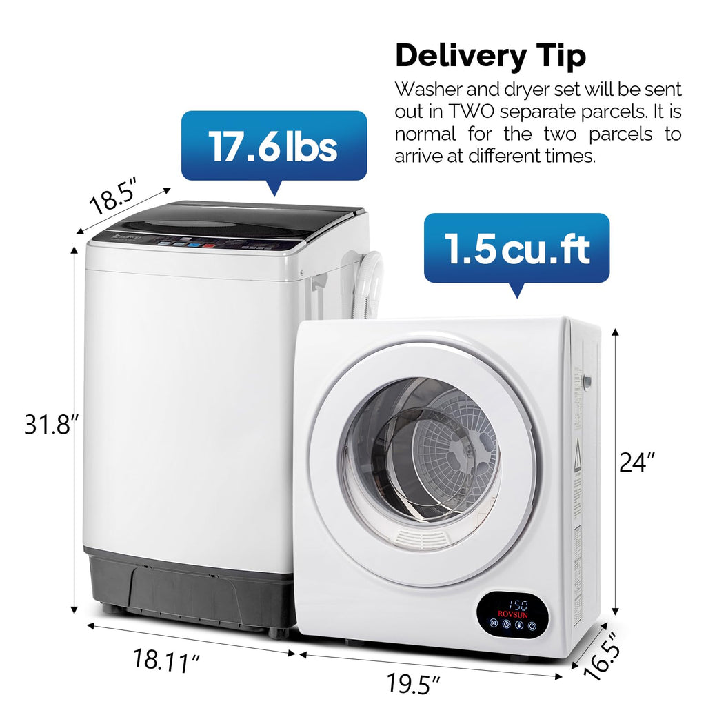 ROVSUN 25LBS Full-Automatic Washing Machine and 3.5CuFt Portable Clothes Dryer Set, Compact Laundry Washer and Dryer Combo Set with Stainless Steel Inner Tub, for Apartment, Dorms, Home