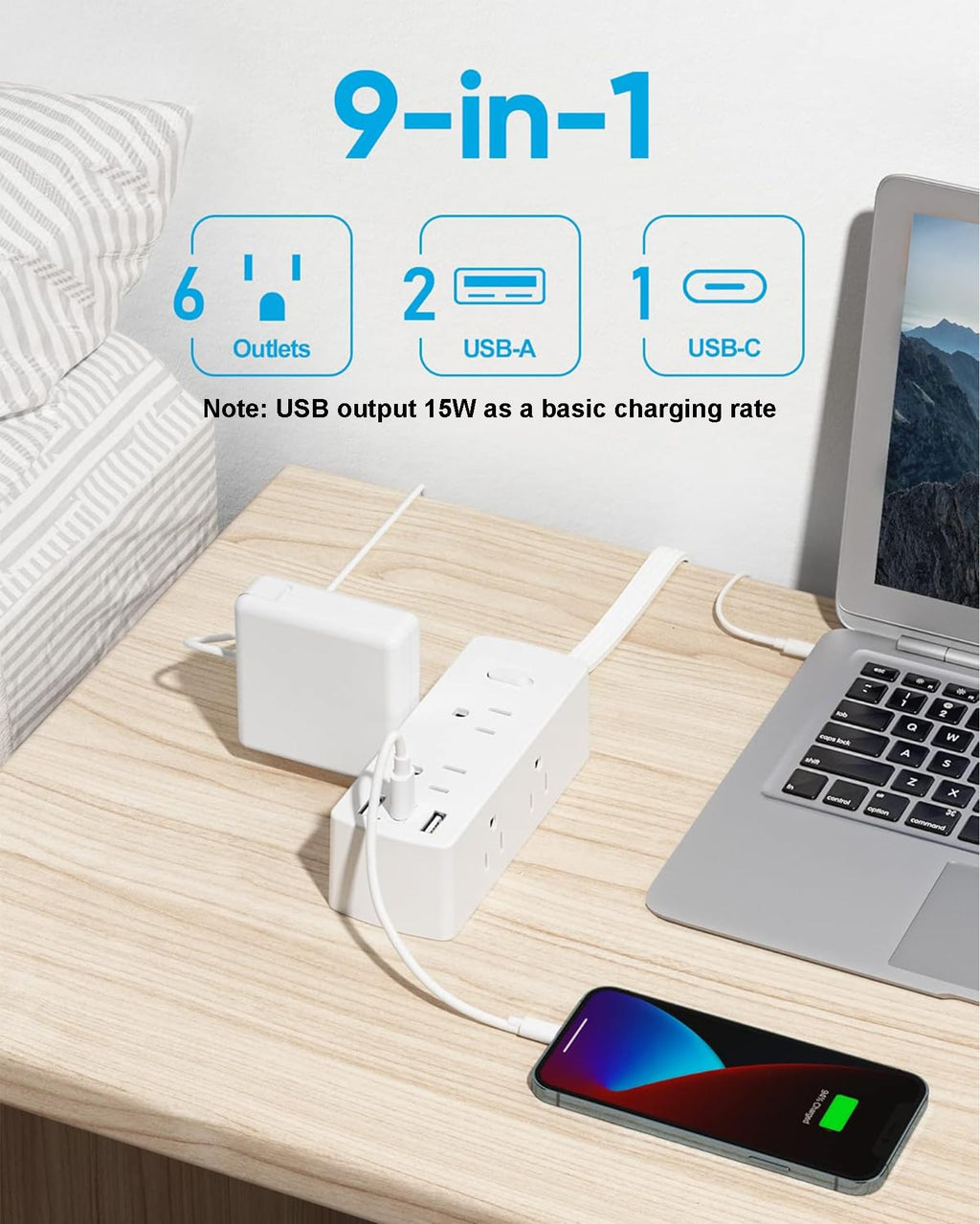 Olcorife Flat Plug Power Strip with 15 FT Extension Cord, 6 Outlets 3 USB Ports(1 USB C), 3 Sided Outlet Extender for Home Office Travel Dorm Room Essentials, White